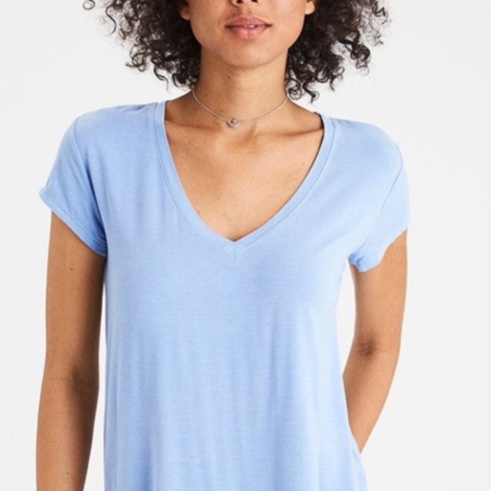 American Eagle - Baby Blue Button Detailing V-Neck Short Sleeve Shirt